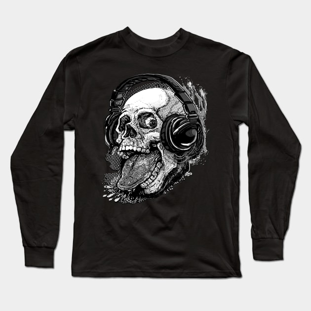 Skull Giving Raspberry With Music Headphones BW Long Sleeve T-Shirt by Mudge